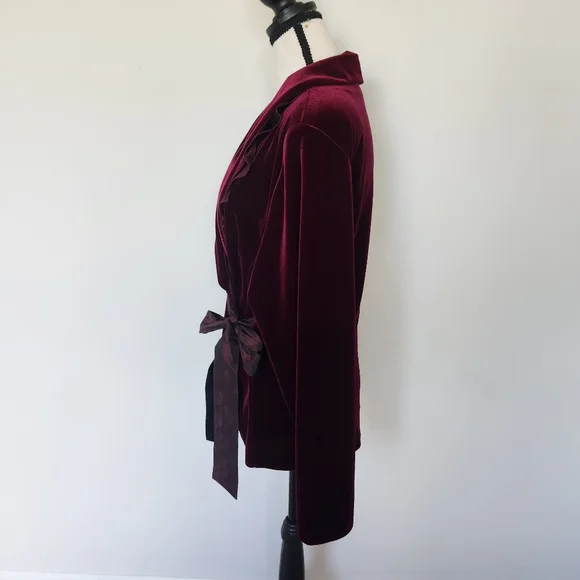 Vintage Velvet Burgundy Wrap Blazer Jacket Ruffle Tie Romantic Victorian 44 - Picture 2 of 9
